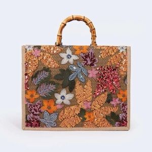 Straw Bag with Sequin Decor and Floral Pattern